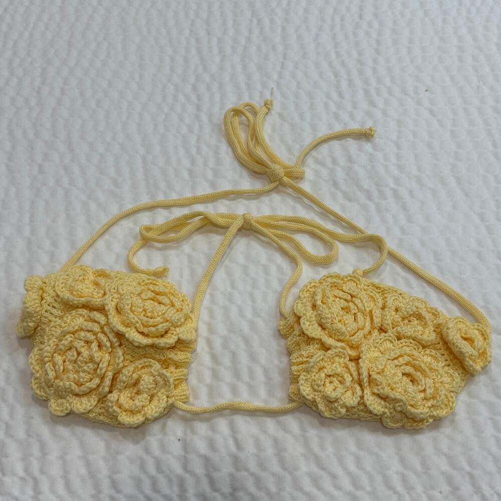 Butter Yellow Crochet Floral Bikini Top Festival Boho Coquette Women’s S Silquee